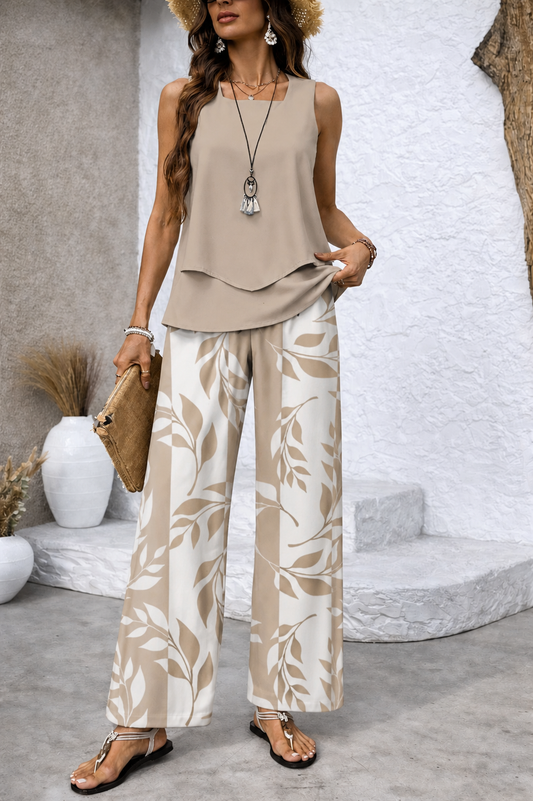 Ernestina™ | Conjunto Natural Blusa Beige y Pantalón Botánico