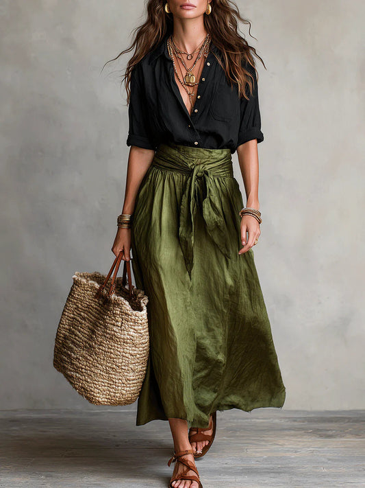 Vera | Conjunto de Camisa Negra y Falda Midi Verde Oliva