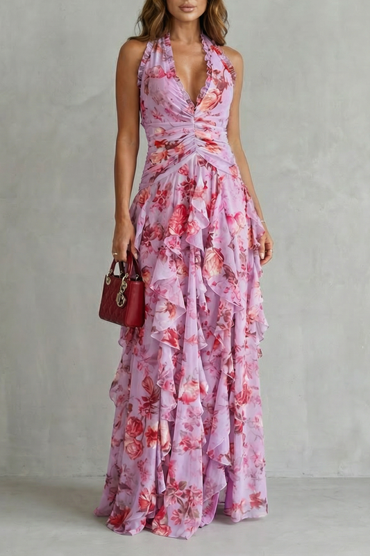Fernanda | Romántico Vestido Largo en Cascada de Rosas con Cuello Halter