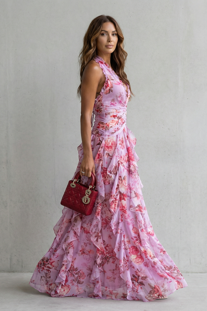 Belladina | Romantica Cascata di Rose Abito lungo con Scollo All'Americana