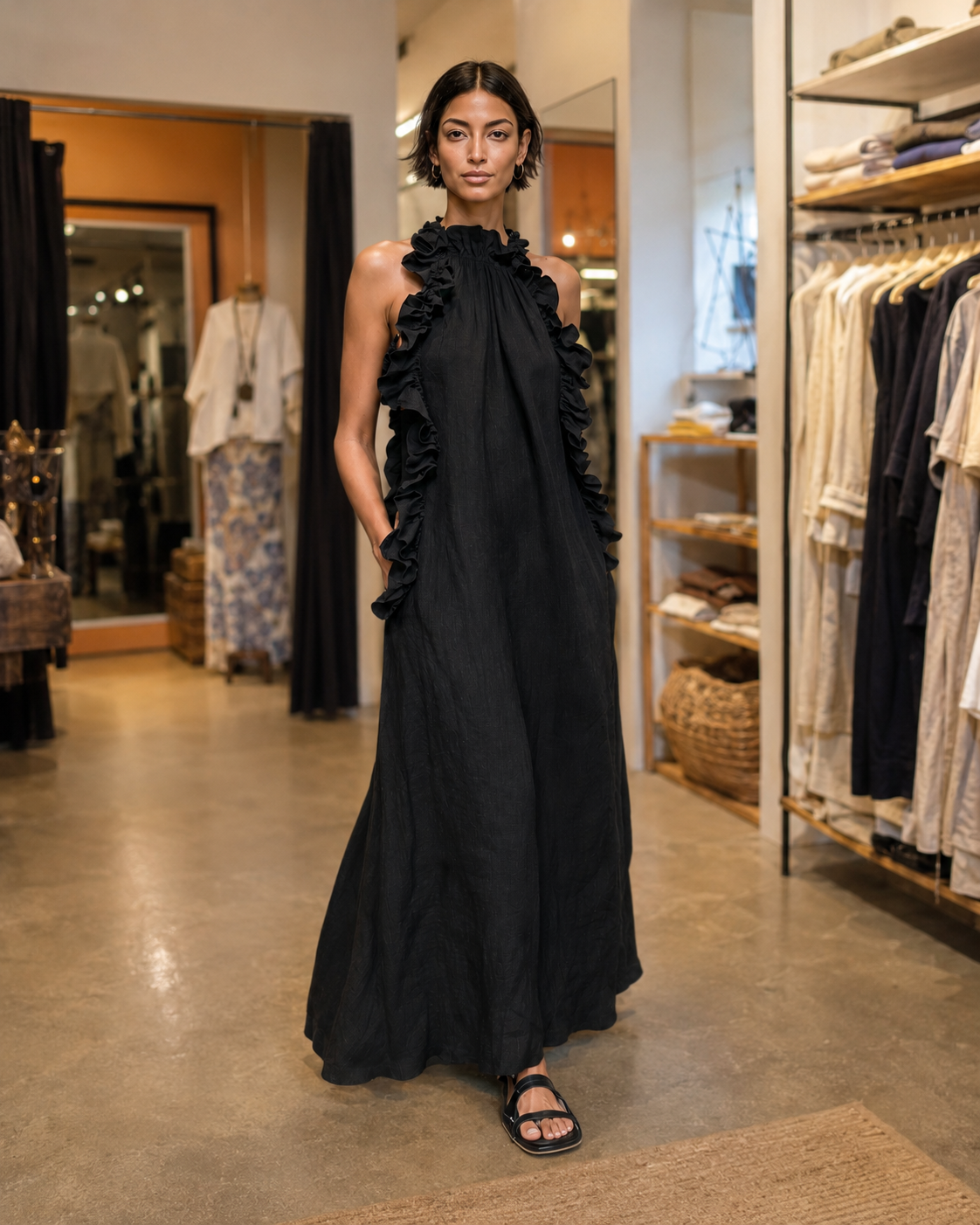 Paloma | Vestido Maxi sin Mangas de Lino con Olanes