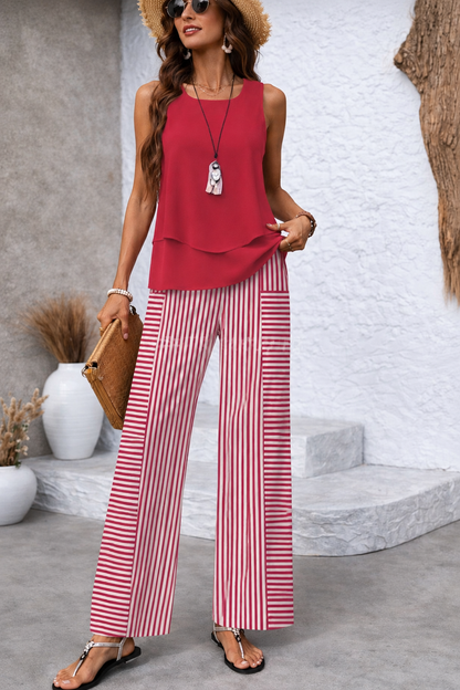 Ramona™ | Conjunto Rosa Top Liso y Pantalón Rayas