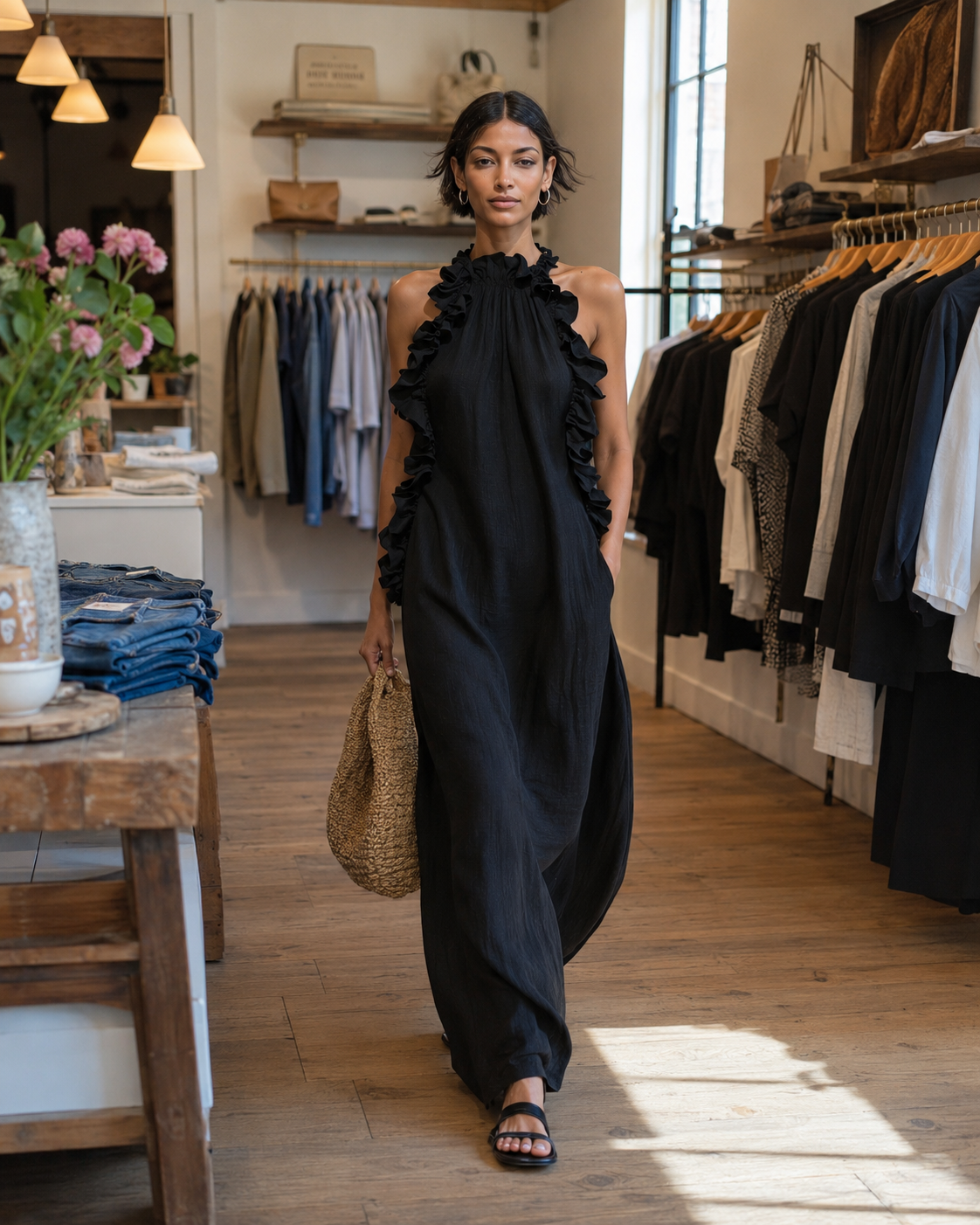 Paloma | Vestido Maxi sin Mangas de Lino con Olanes