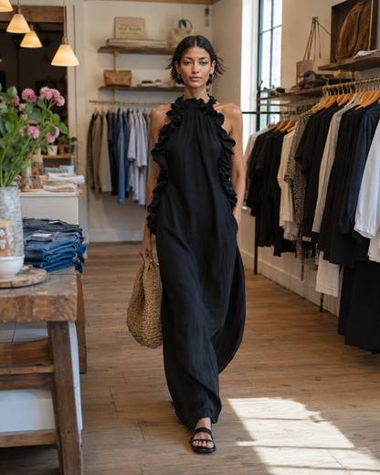 Paloma | Vestido Maxi sin Mangas de Lino con Olanes