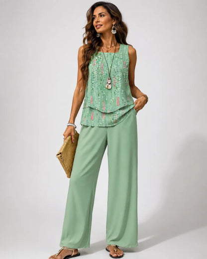Maravillas™ | Conjunto Verde Menta Top en Capas y Pantalón