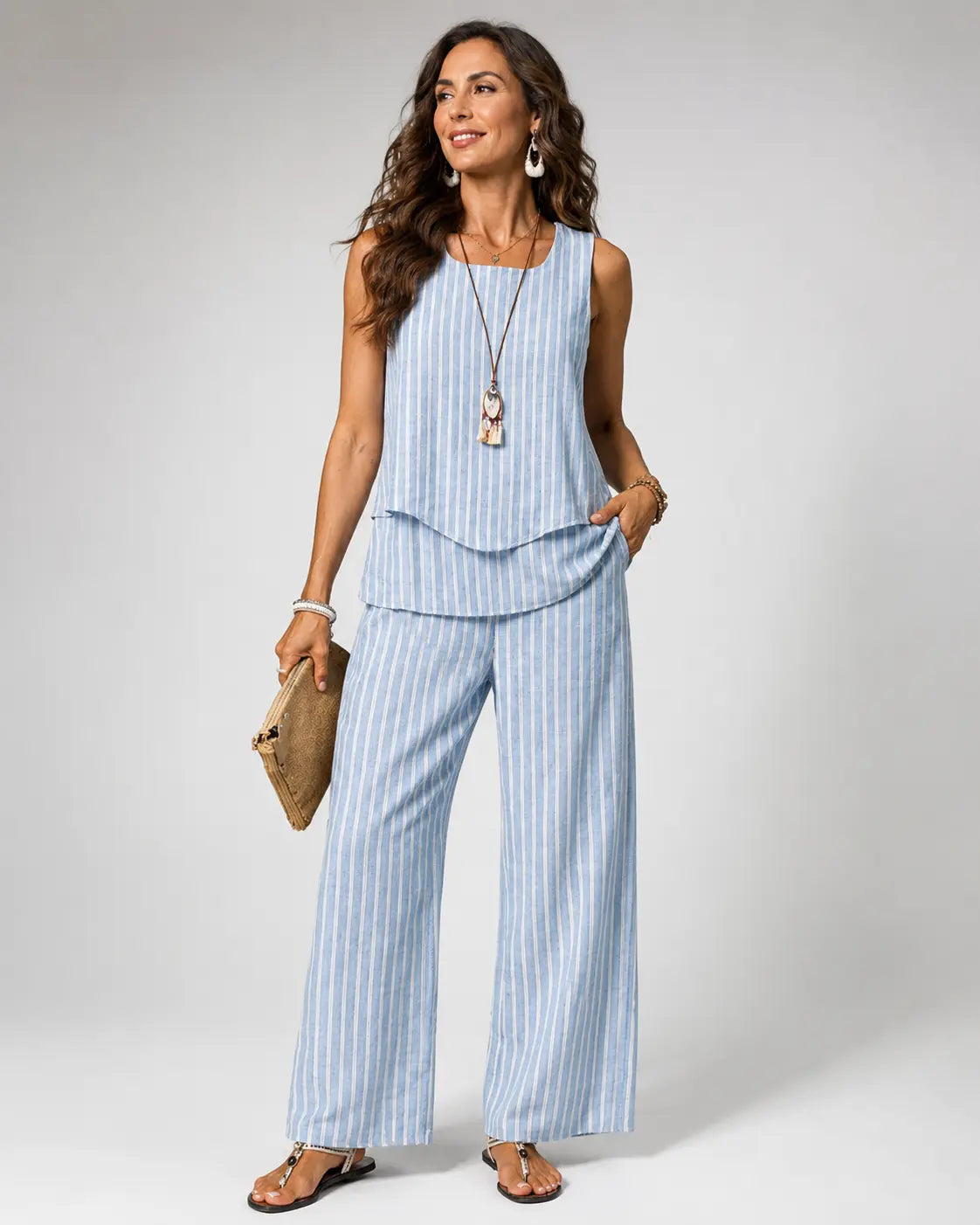Nicolasa™ | Conjunto Rayas Azul Top y Pantalón Ancho