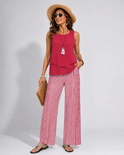 Ramona™ | Conjunto Rosa Top Liso y Pantalón Rayas