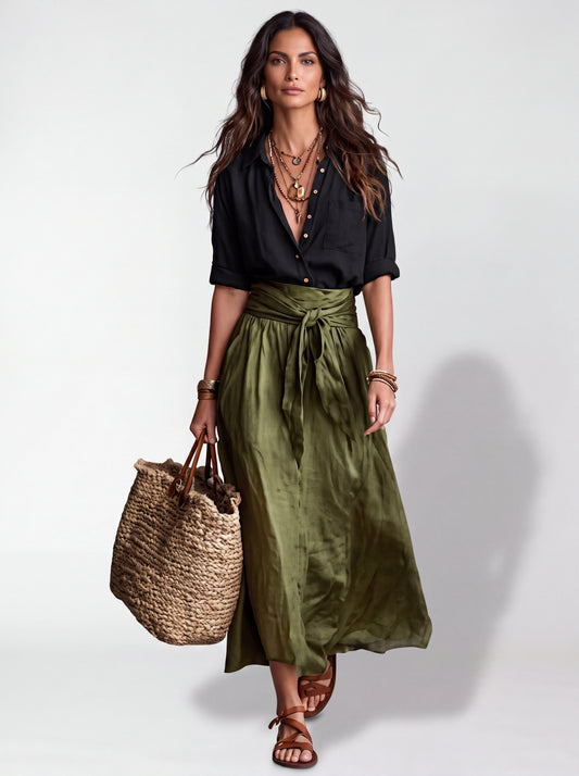 Vera | Conjunto de Camisa Negra y Falda Midi Verde Oliva