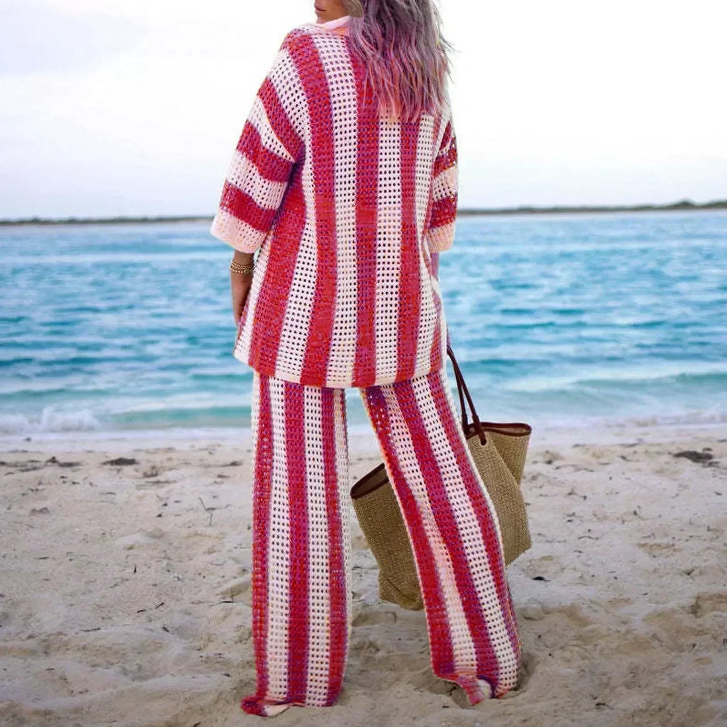 Zenaida™ | Conjunto Crochet Rayas Kimono y Pantalón
