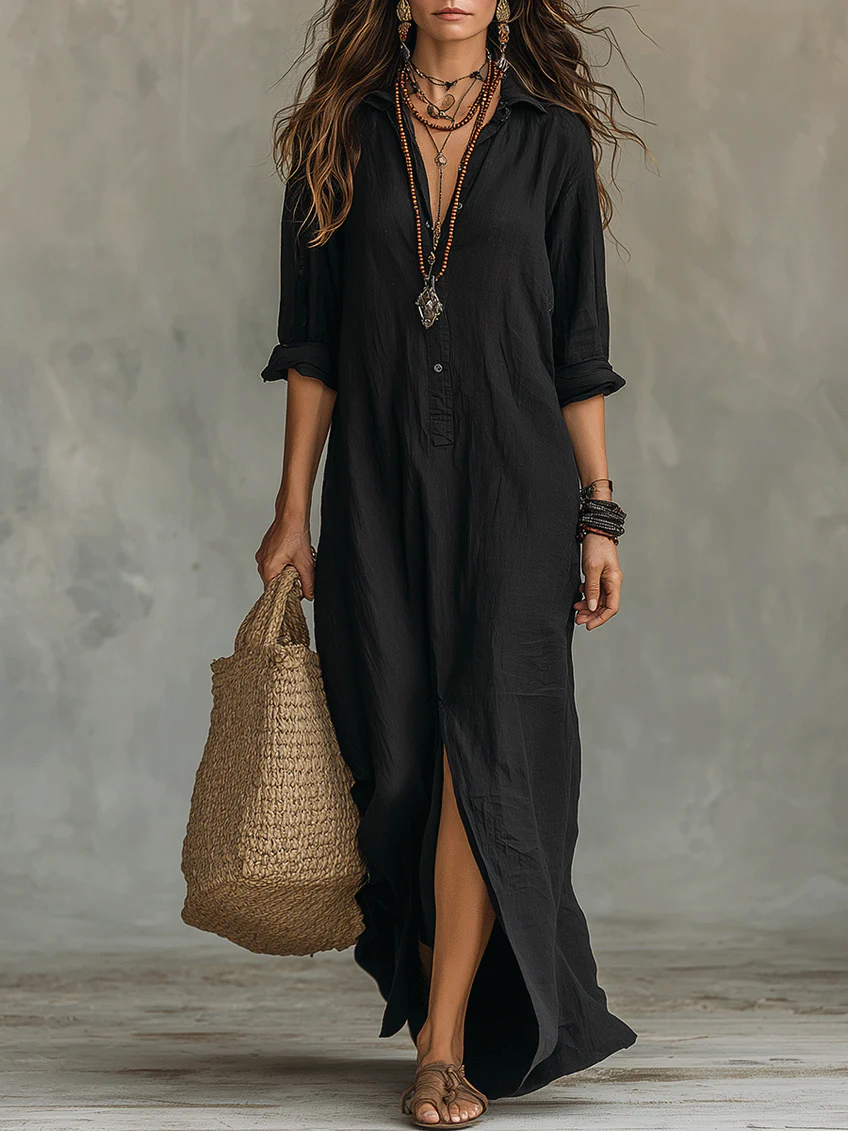 Veronica™ | Abito Maxi Nero Lungo con Bottoni