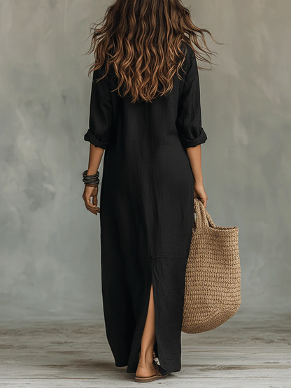 Veronica™ | Abito Maxi Nero Lungo con Bottoni