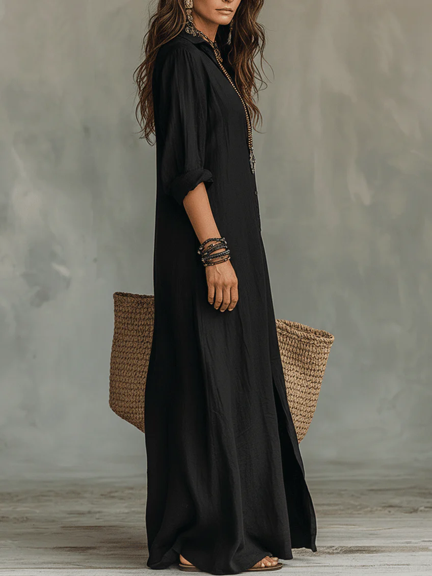 Veronica™ | Abito Maxi Nero Lungo con Bottoni