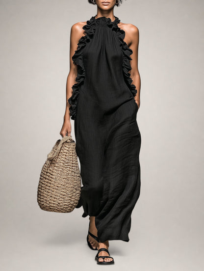 Paloma | Vestido Maxi sin Mangas de Lino con Olanes