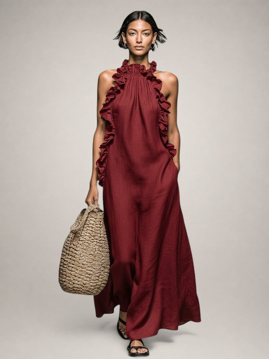 Paloma | Vestido Maxi sin Mangas de Lino con Olanes