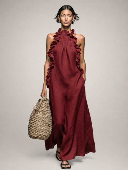 Paloma | Vestido Maxi sin Mangas de Lino con Olanes