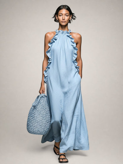 Paloma | Vestido Maxi sin Mangas de Lino con Olanes