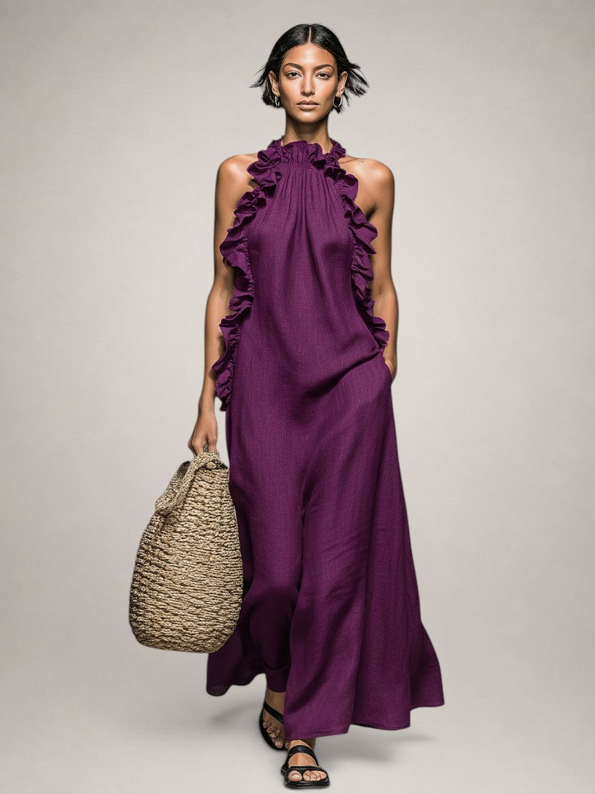 Paloma | Vestido Maxi sin Mangas de Lino con Olanes