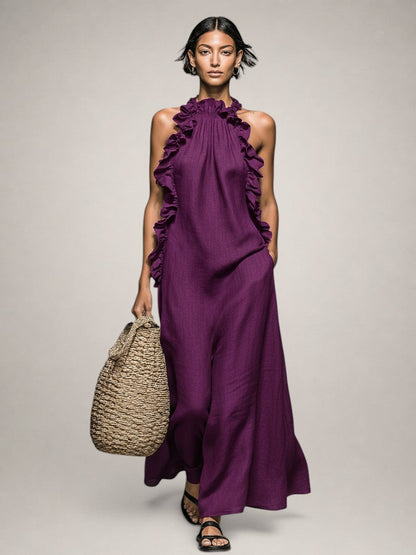 Paloma | Vestido Maxi sin Mangas de Lino con Olanes