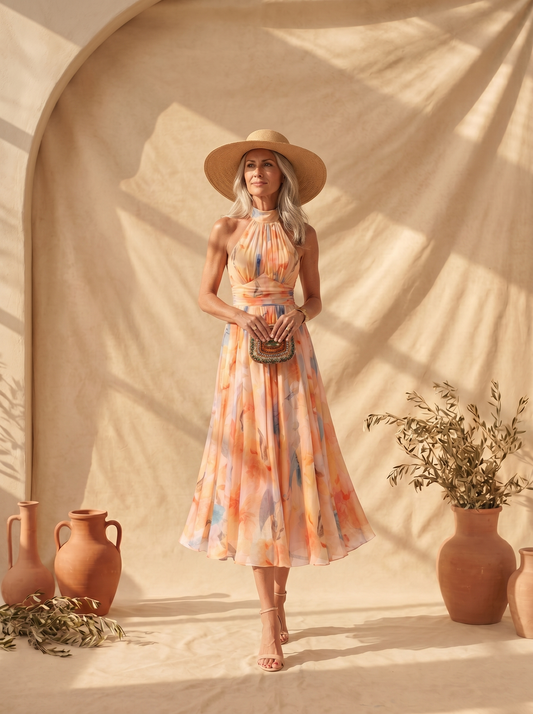 Paulina | Vestido con Cuello Halter y Estampado Acuarela