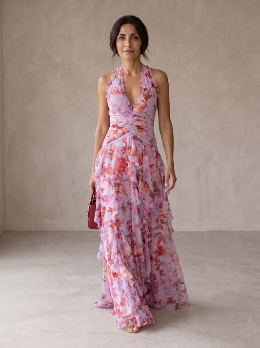 Fernanda | Romántico Vestido Largo en Cascada de Rosas con Cuello Halter