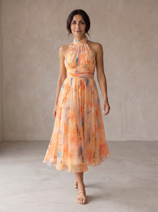 Paulina | Vestido con Cuello Halter y Estampado Acuarela