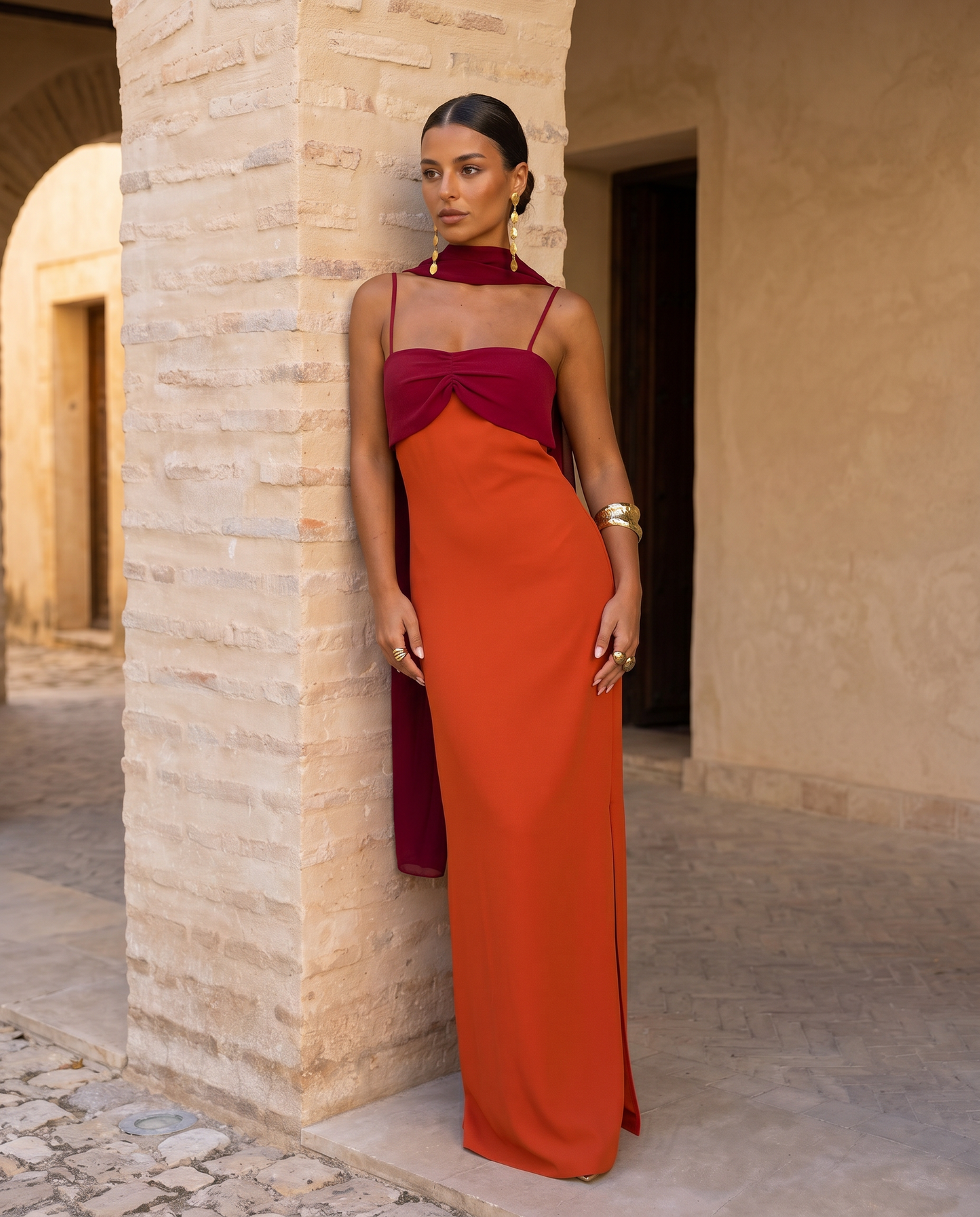 Valentina | Vestido Largo Bicolor con Escote Fruncido